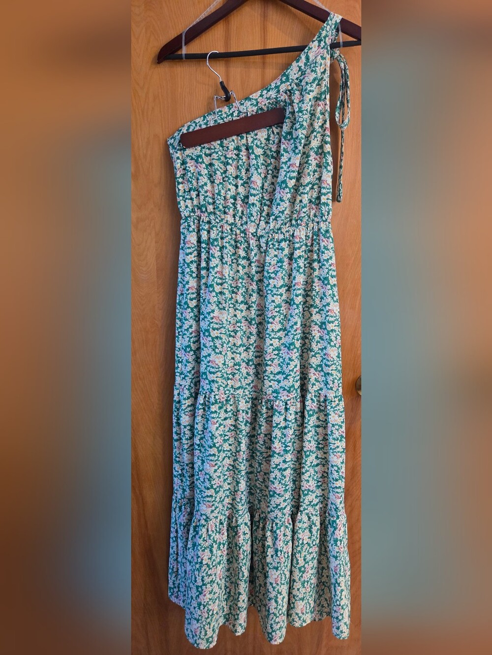 Green One-Shoulder Floral Maxi Dress with Tie Shoulder